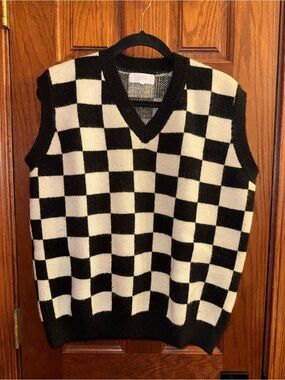LUCCA Black & White Checker V-Neck Sweater Vest